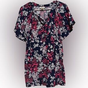Style & Co Navy and Pink Floral Blouse